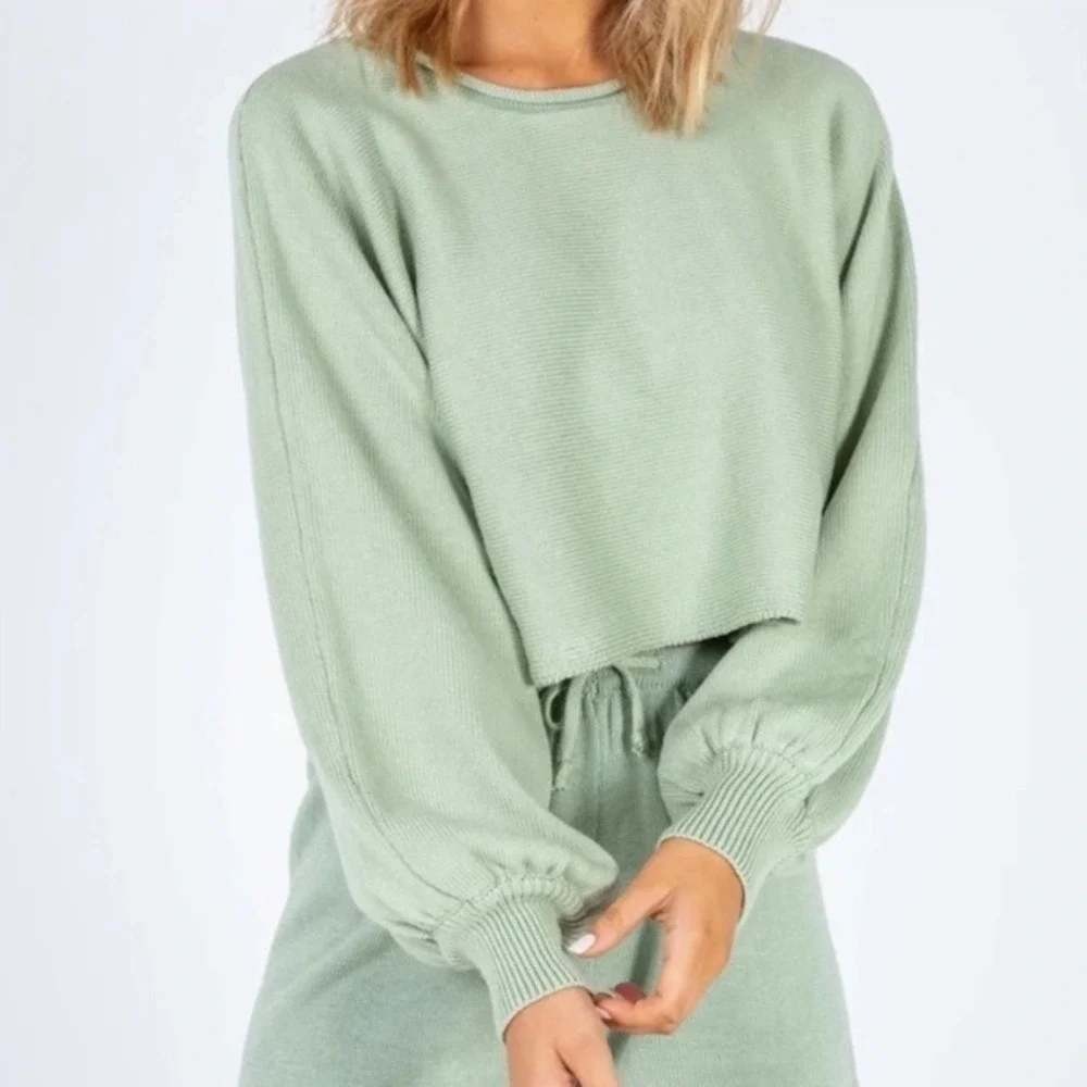 Princess Polly Ashleigh Cropped Knit Roll Neck Sweater Balloon Sleeve Green XS/S